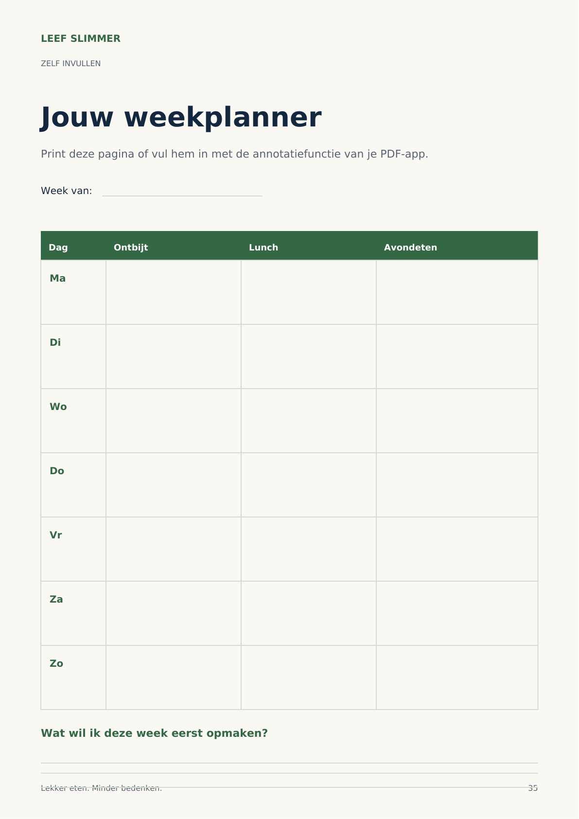 Voorbeeldpagina uit het receptenboek: een weekplanner om zelf in te vullen